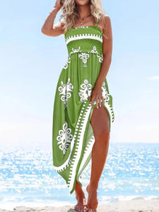 Boho summer maxi dress with floral print and smocked top