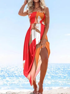 Boho summer maxi dress with floral print and smocked top
