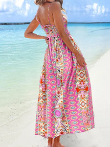 Boho summer maxi dress with floral print and smocked top