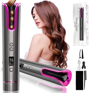 LuxeWave cordless ceramic hair curler with auto-rotating barrel and USB charging