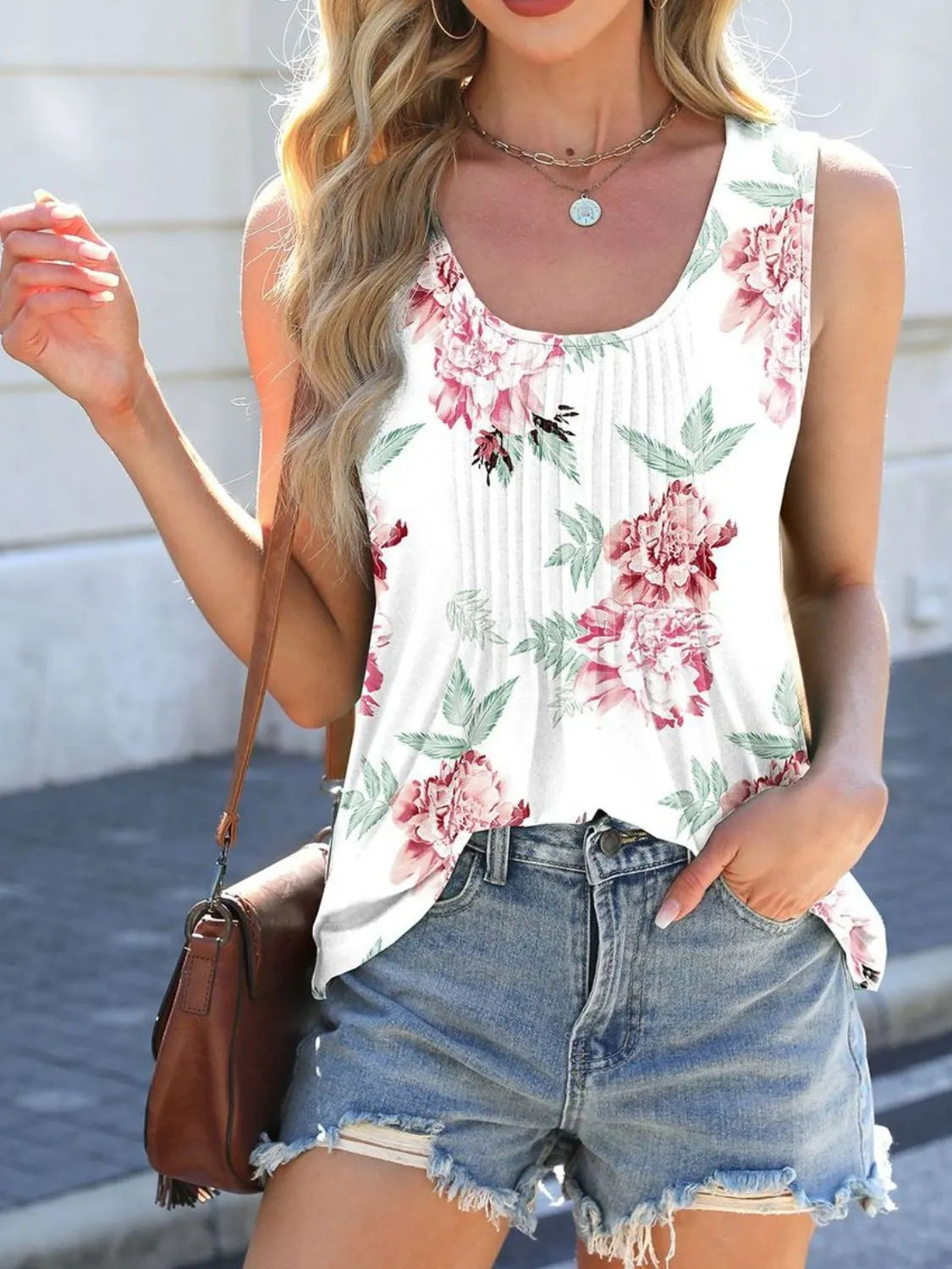 Printed Scoop Neck Wide Strap Tank Top