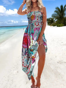 Woman wearing printed smocked maxi cami dress outdoors – Iconiqu Amsterdam
