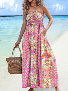 Boho summer maxi dress with floral print and smocked top